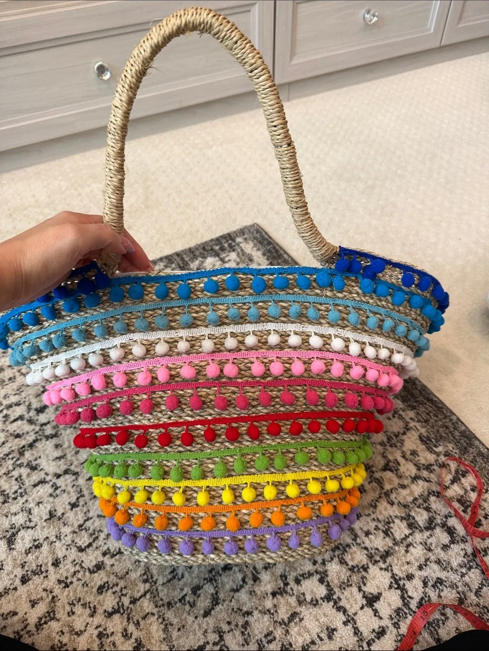 Mystique Straw Tote with Natural Weave and Rainbow Pom Pom Trim